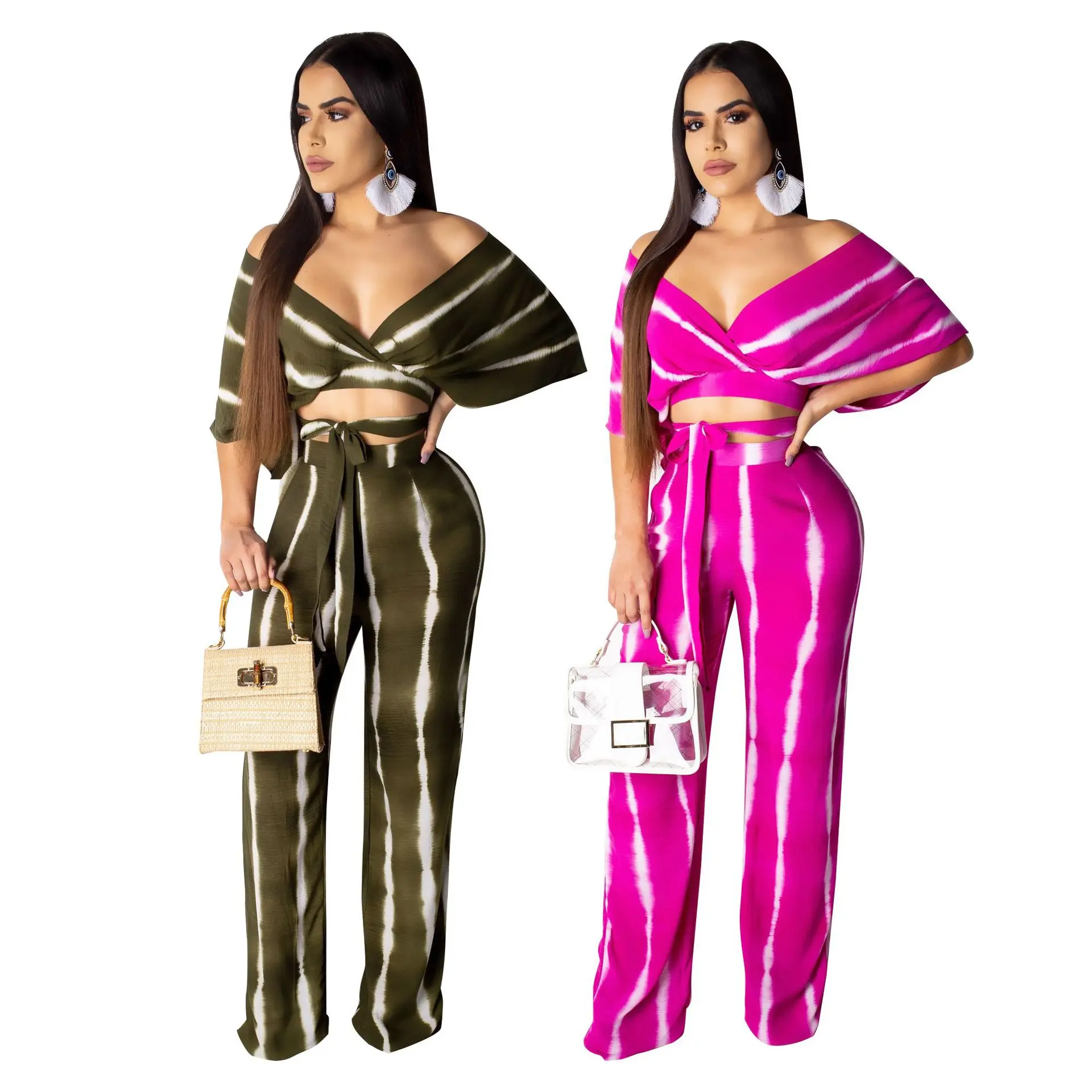 

2019 Women Streetwear Zebra Pattern Short Shoulder Shawl V-neck Backless + Wide-leg Trousers Two-piece Set YZ1075. 2 Color