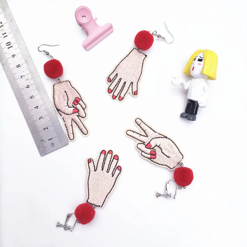 

New Design Cute Asymmetric Embroidery Yeah Hairball Earrings for Women Fashion Handmade Fabric Hand Earrings Funny Party Jewelry