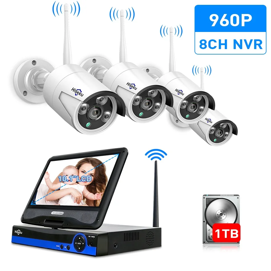 

10Inch Displayer 4pcs 960P Wireless IP Camera CCTV System 8CH NVR video surveillance Home Security System CCTV Kit Hiseeu