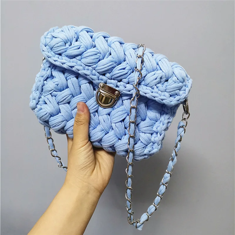 Новинка, модная леопардовая сумка через плечо, тканая вязаная сумка, женская сумка-мессенджер с клапаном, Хлопковая сумка на плечо ручной работы OC602 - Цвет: Sky blue lock