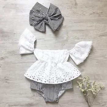 

3pcs Toddler Baby Girl clothes set Lace hollow out short sleeve Top +Stripe Shorts +headband 3Pcs Outfits set clothes