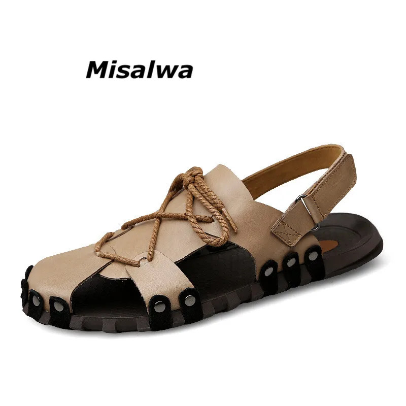 

Misalwa New Summer Big Size Designer Genuine Leather Non-slip Men Beach Sandals Vacation Breathable Soft Slippers