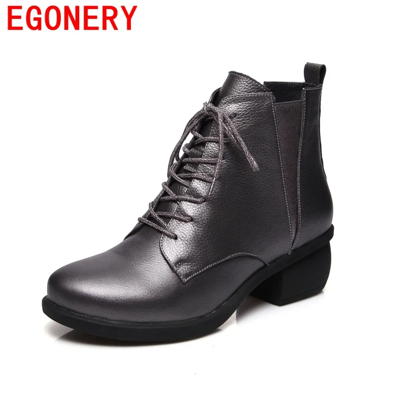 

EGONERY ankle boots soft special elastic band adjustment comfortable lace-up round toe shoes genuine leather trend winter boots