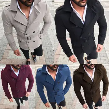 

Woolen Overcoat Men's Winter Vintage Reefer Jackets 2018 New Winter Autumn Solid Sashes Double Breasted Slim Coat S-XL
