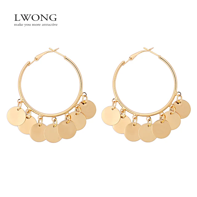 Lwong New Fashion Gold Color Hoop Earrings With Hanging Coins Multi Lwong New Fashion Gold Color Hoop Earrings With Hanging Coins Multi Disc Gypsy Bohemian Circle