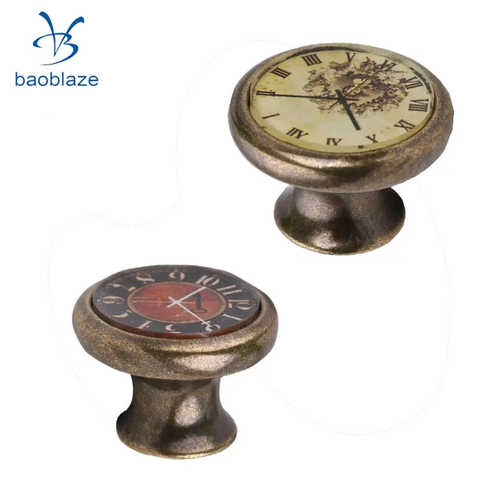 2 Pieces Vintage Brass Cabinet Drawer Round Pulls Wardrobe Cabinet Door Cupboard Knob Handle Clock Plate Pattern #1