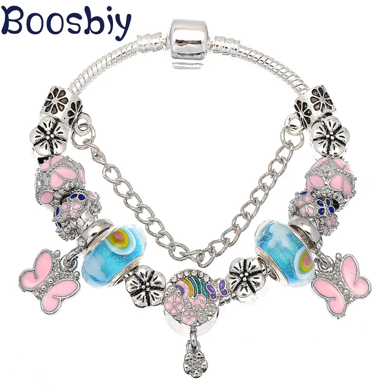 

Boosbiy European Style Charm Bracelet For Women With Pink Butterfly Pendants DIY Original Fine Bracelet Fashion Jewelry Gift