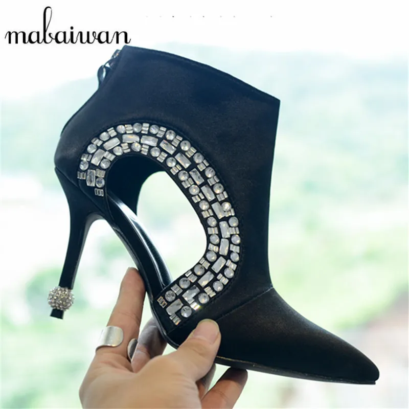 

Rhinestone Women Ankle Boots Pointed Toe Strange Heel Booties Hollow Out Women Pumps Summer Boots High Heels Bota Feminina