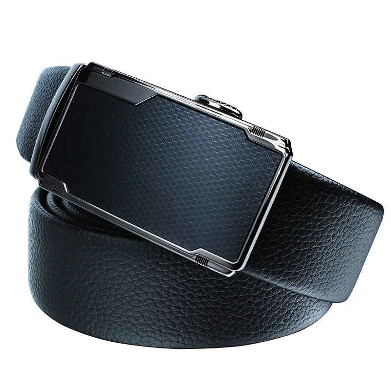 

Black Leather Men Belt for Dress Slide Gun Plated Automatic Buckle Mens Belt Clear Textured Strap Belts
