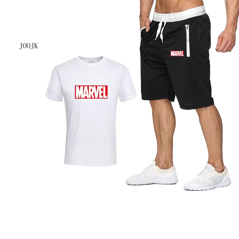 2019 Бесплатная доставка комплекты MARVEL с принтом Мужские футболки + штаны из двух