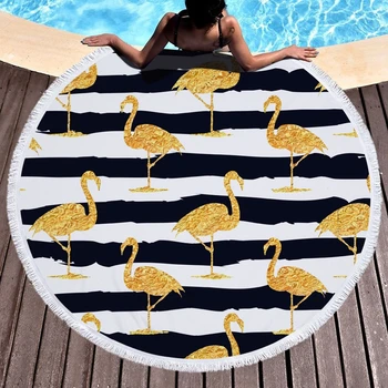

Creative Golden Flamingo Printed Round Beach Towel Tropical Flower Large Beach Towel With Tassels Thick Soft Bath Towel Yoga Mat