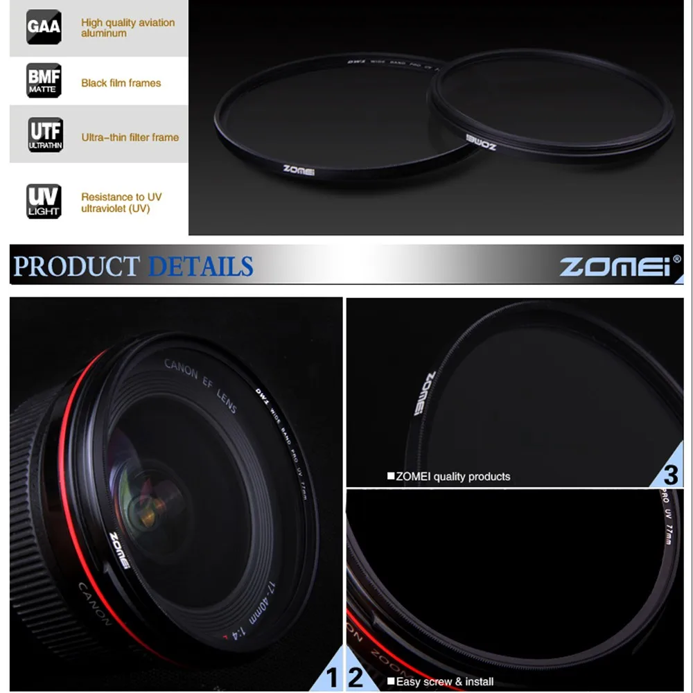 ZOMEI 40,5/49/52/55/58/62/67/72/77/82/86 мм ультра-фиолета УФ-фильтр объектива с защитой от ультрафиолета для цифровой зеркальной камеры Canon Nikon камера