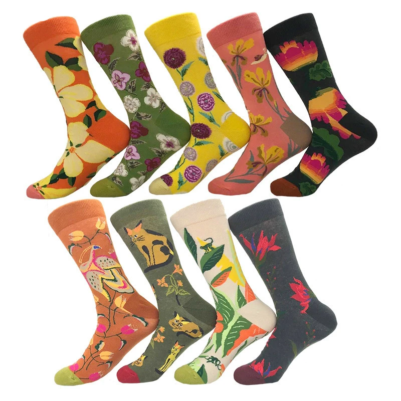 

Men Happy Funny Skate Socks Cartoon Cat Flower Jacquard Colorful Harajuku Hip Hop Street Style Male Cotton Socks Autumn Winter