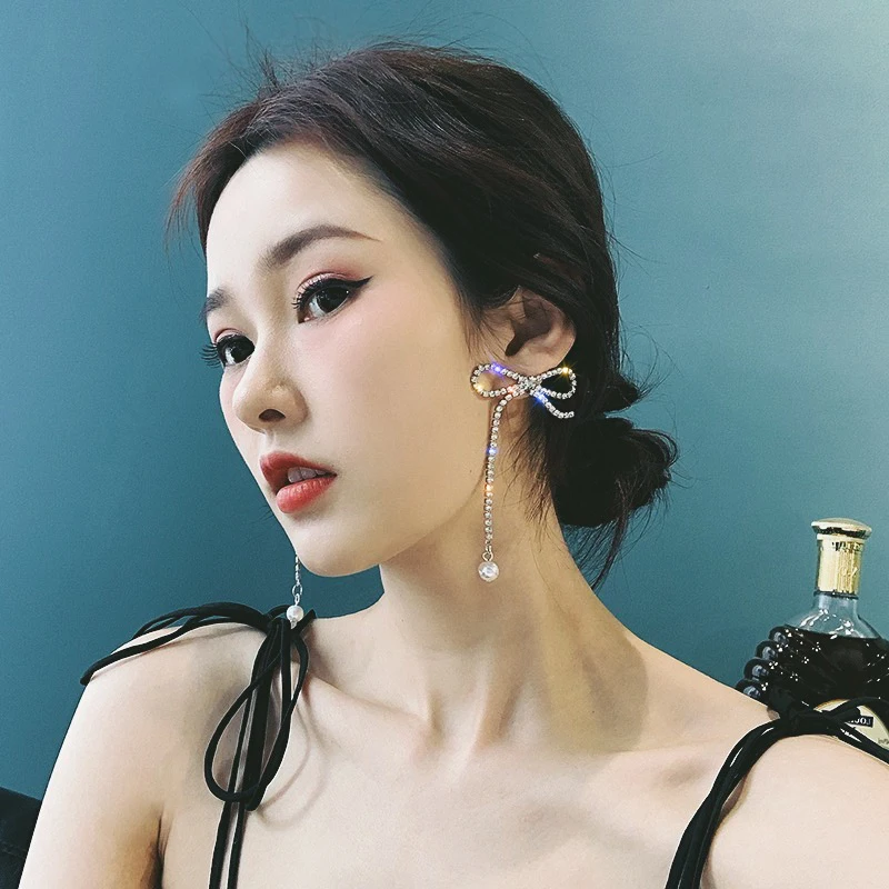

2019 New Arrival Crystal Trendy Bowknot Women Dangle Earrings Butterfly-knotted Earrings Long Tassel Korean Jewelry Female