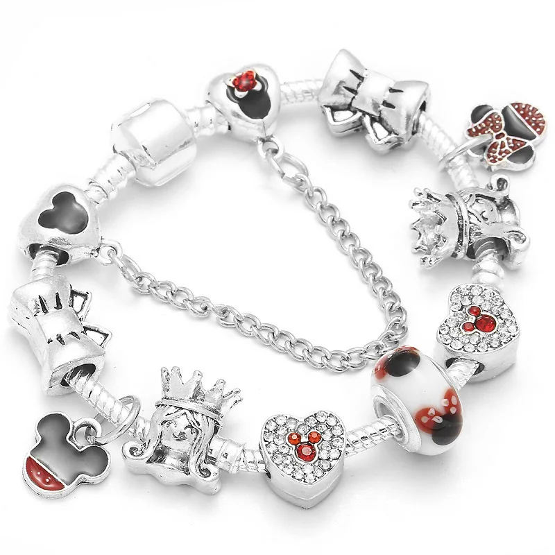 Boosbiy Dropshipping Cute Mickey Minnie Charm Bracelet For Women Kids With Silver Snake Chain Brand Bracelet Christmas Jewelry - Окраска металла: 01