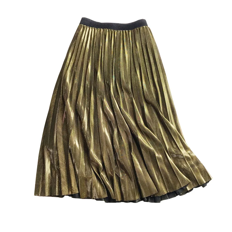 

Wsfs Spring Pleated Skirt Black Gold Elastic Waist Long Skirts Womens Bandage Vintage Sexy Party Office Lady Silvery Midi Skirt