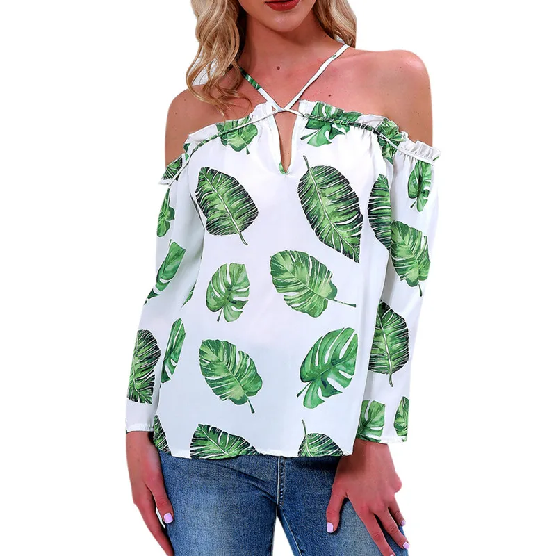 women fashion street blouses Green Leaf Print Off Shoulder Cross Halter