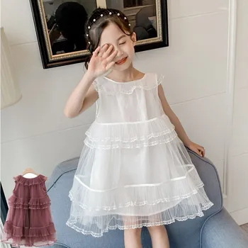 

Ruffles Mesh Patchwork Little Grils Dress Party Clothes For Kids Pink White Teenage Girl Kids Girls Dresses Children Clothing