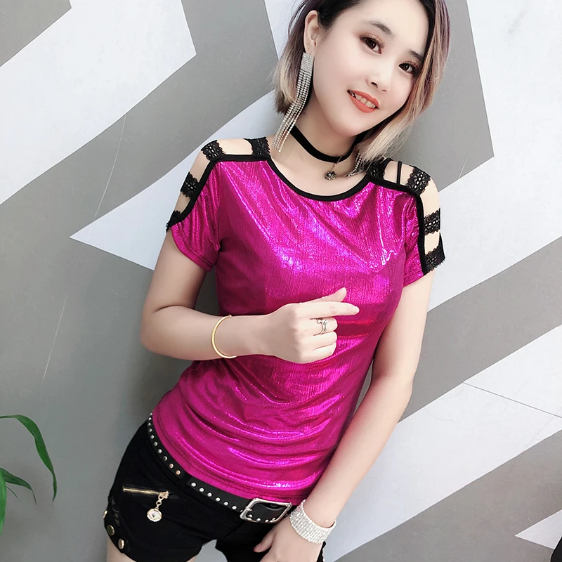 

Sexy Off Shoulder Paillette Patchwork Tshirt 2019 Summer New Women Short Sleeve Top Shirt High Street Camiseta Mujer T95808L