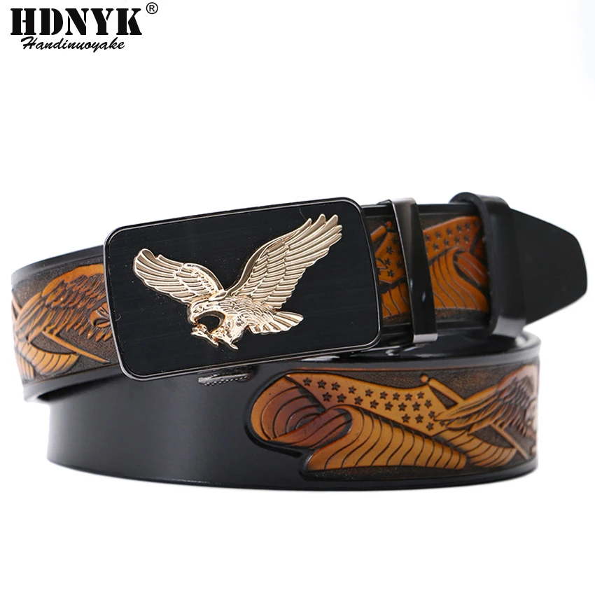 

Classical Designer Fly Eagle Belt for Men Cowskin Genuine Luxury Leather Men's Belts Carving Eagle Pattern Automatic Buckle