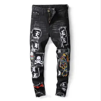 

Mens Skull Embroidery Jeans Punk Denim Pants Large Size Stretchy Fashion Denim Trousers Skinny Patchwork Jeans J2910