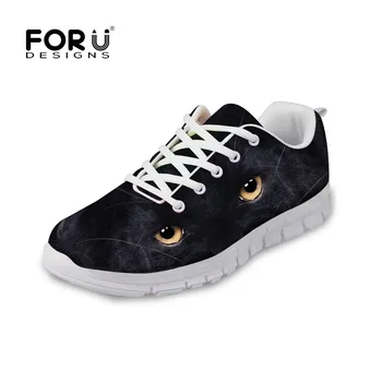

FORUDESIGNS Black Cat Women Flats Shoes 3D Cool Animal Lion Tiger Pattern Casual Lace-up Shoes Woman Breathable Mesh Girls Shoe