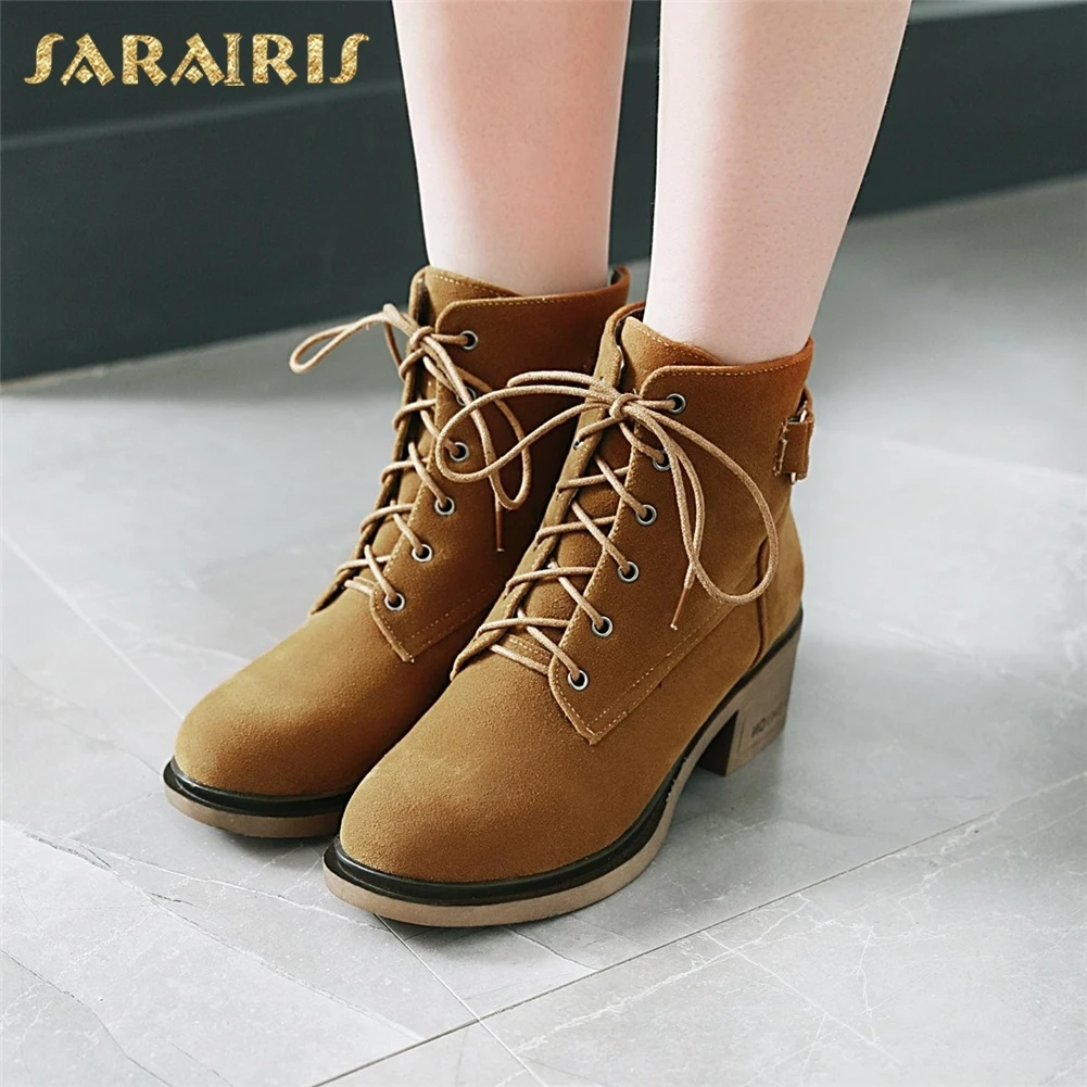 

SARAIRIS 2018 Large Size 32-43 Chunky Heels Women Shoes Add Fur Winter Boots Woman Lace Up Ankle Boots Shoes Woman