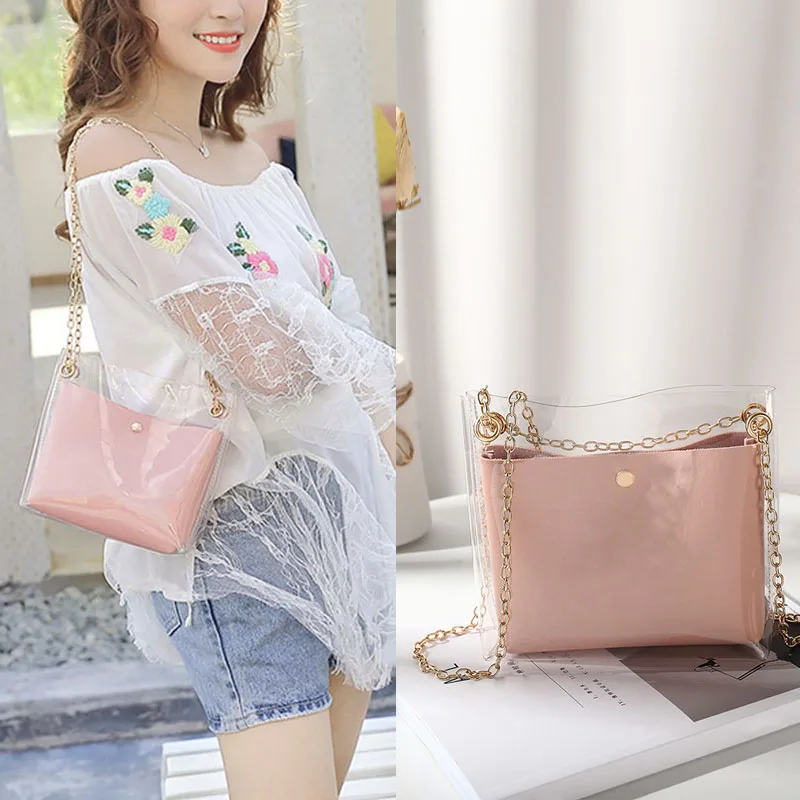 

Women Composite Bags Transparent Shoulder Bag Metal Chain Magnetic Buckle PU Purse Gift AB@W3