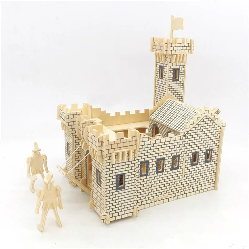 97Pcs/Set Blocks DIY Dolls House Miniatures Kit Wooden 3D Castle Model Children Kids Soldiers Castle Building Toy 21x17x26cm