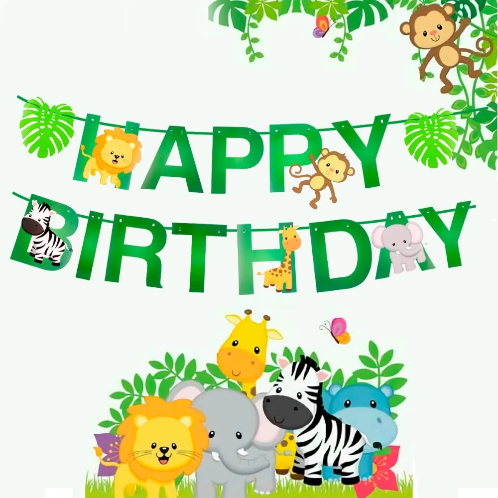 

HUIRAN Animal Cartoon Animal Banner Happy Birthday Banner Kids Jungle Party Safari Decor Zoo Party Gift Baby Birthday Decor