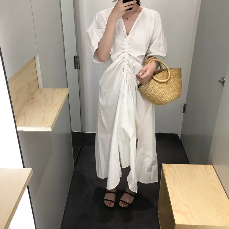 

Women Dress Vintage White Dress 2018 V Neck Half Sleeve Drawstring Split Irregular Long Dress Womens Casual Wear Plus Size