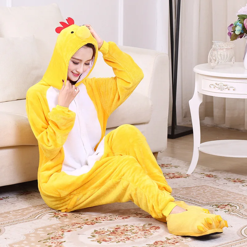 

Yellow Chicken Onesie Flannel One-Piece Pajamas Kigurumi Animal Cosplay Sleepwear Anime Adult Women For Halloween Cosplay Party