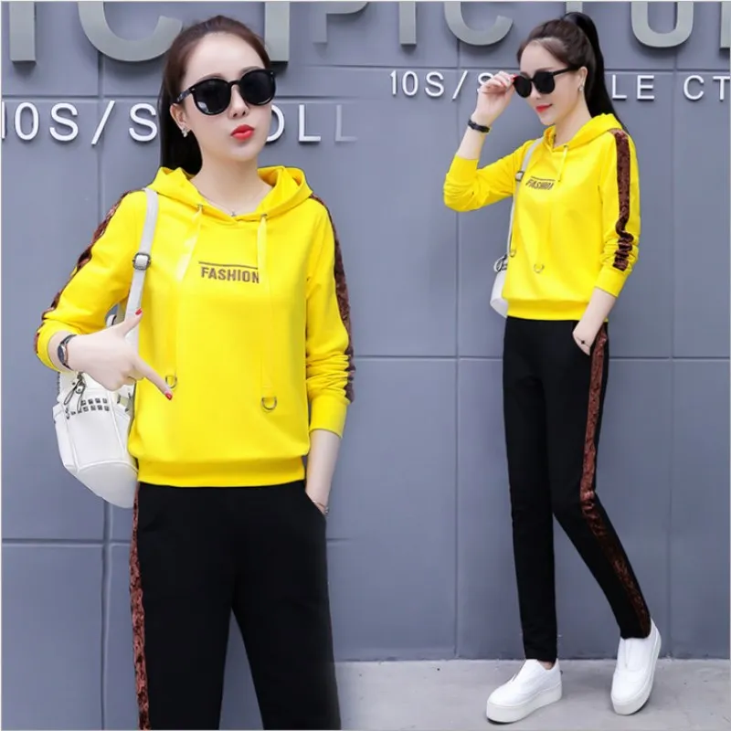 2018 Autumn Woman Tracksuit Sets Korean Female 2 pieces Yellow Sets Woman Hoodies Suit Long Sleeve Round Collar Sweater Solid Women's Sets