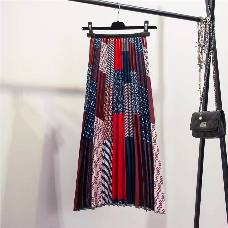 Лоскутная цветная винтажная Этническая народная Печать Атласная шифоновая длинная юбка миди плиссированная Высокая талия Бохо богемная Мода для женщин