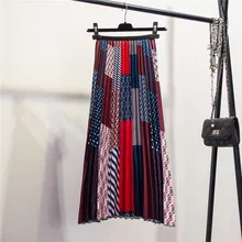 Лоскутная цветная винтажная Этническая народная Печать Атласная шифоновая длинная юбка миди плиссированная Высокая талия Бохо богемная Мода для женщин