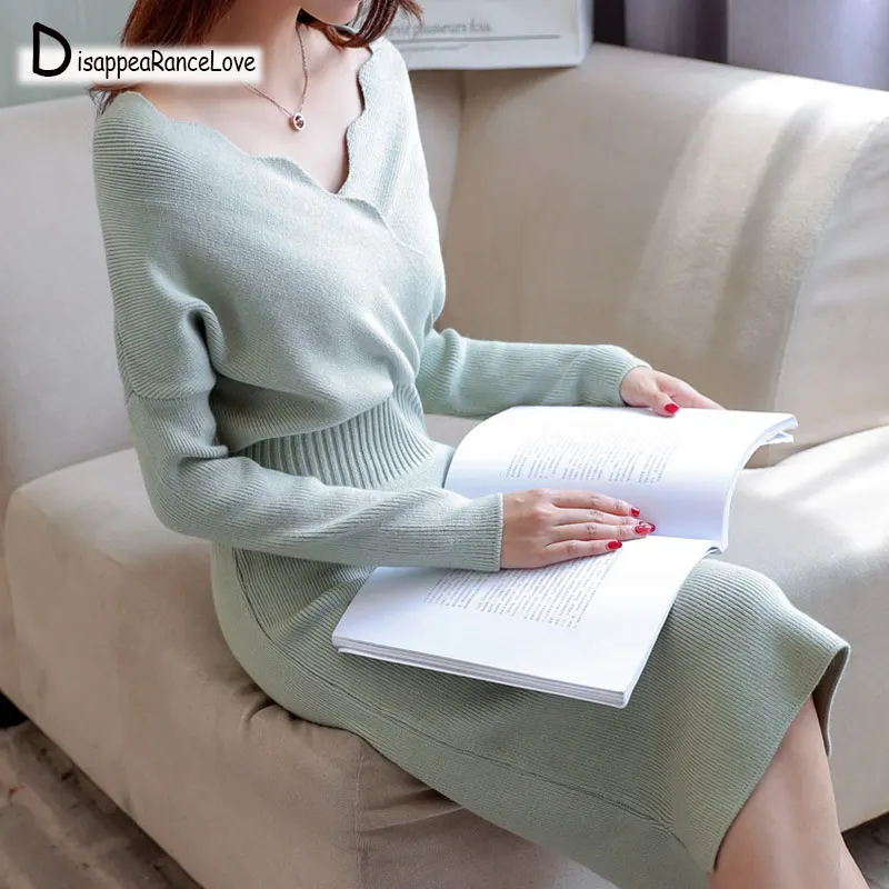 

2019 Long sleeve long O-neck Sweater dress women Autumn Winter Thick A-line dress Slim Female Jumper female knitted dress