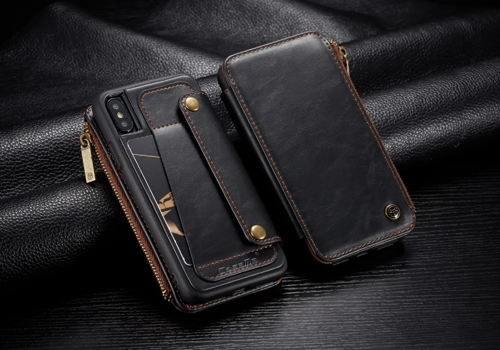 Съемный кожаный чехол-бумажник для iPhone X с карманом на молнии и отделениями для кредитных карт, задняя крышка для iPhone XS MAX X XR 7, чехол, Coque Capa