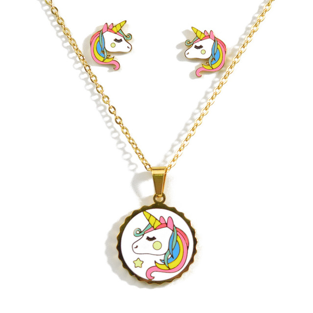 Cute Pink Horse Unicorn Design Enamel Stainless Steel Gold Color Necklaces earring Set Fashion Jewelry Kids Gift