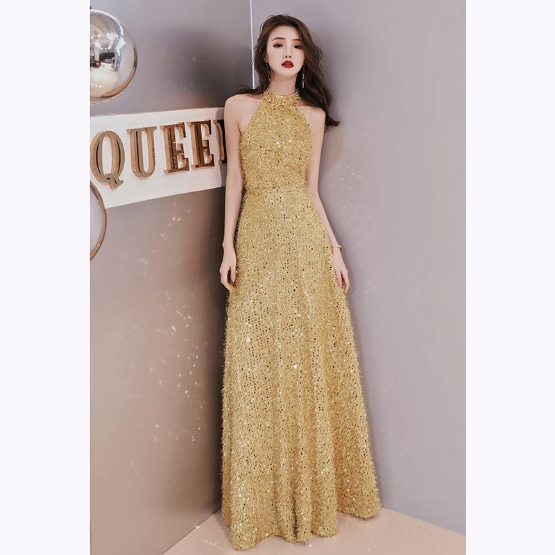 

High-end Evening Dress 2019 New Fashion Golden Prom Dress Shinning Sequins High Neck a Line Banquet Party Dress Floor Length