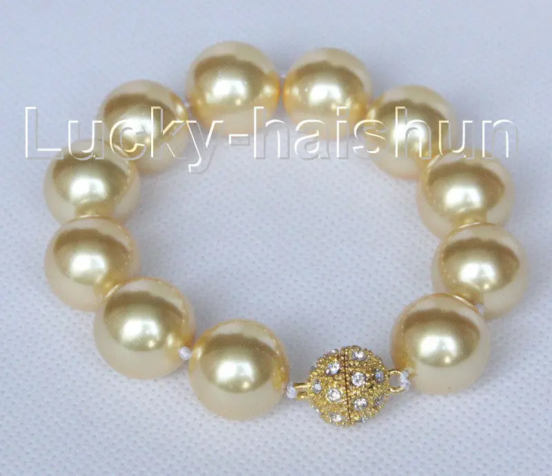 

fast shipping>8" 16mm round golden seashell pearls Bracelet magnet clasp j10419