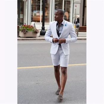 

2018 New Elegant White wedding Men Suit with Short Pants Fashion Business Terno Masculino yong Mens Summer Wear Suits Sets