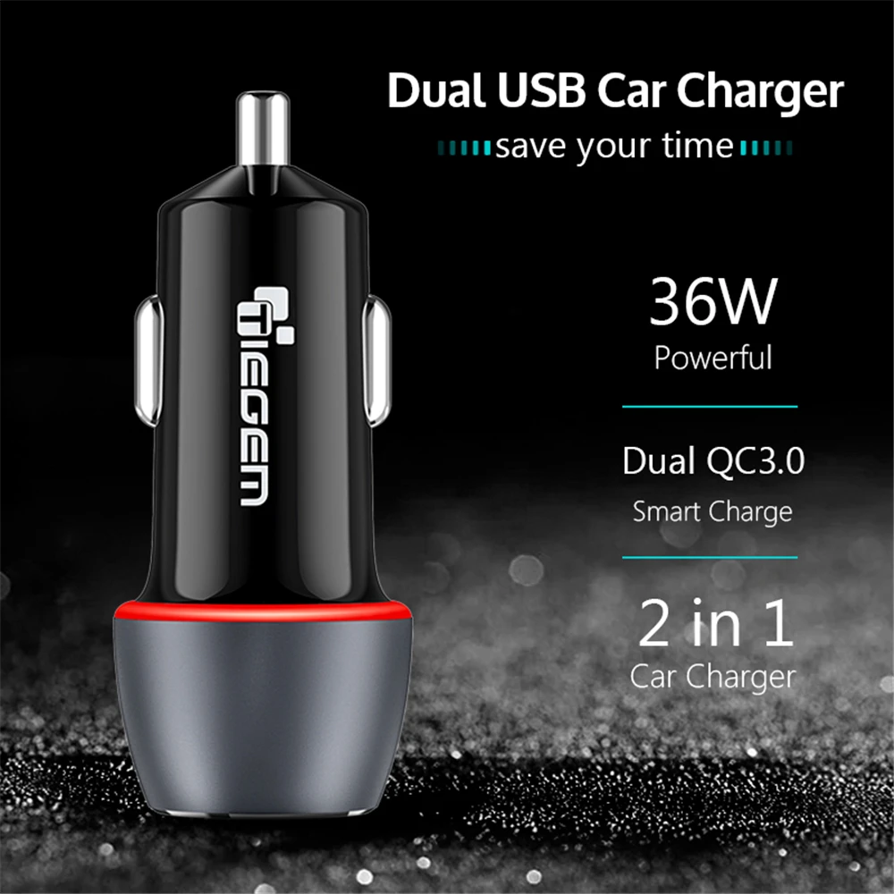 TIEGEM 36W Quick Charge 3,0 Dual USB Автомобильное зарядное устройство универсальное автомобильное зарядное устройство для путешествий зарядное устройство для мобильного телефона адаптер для iPhone X samsung