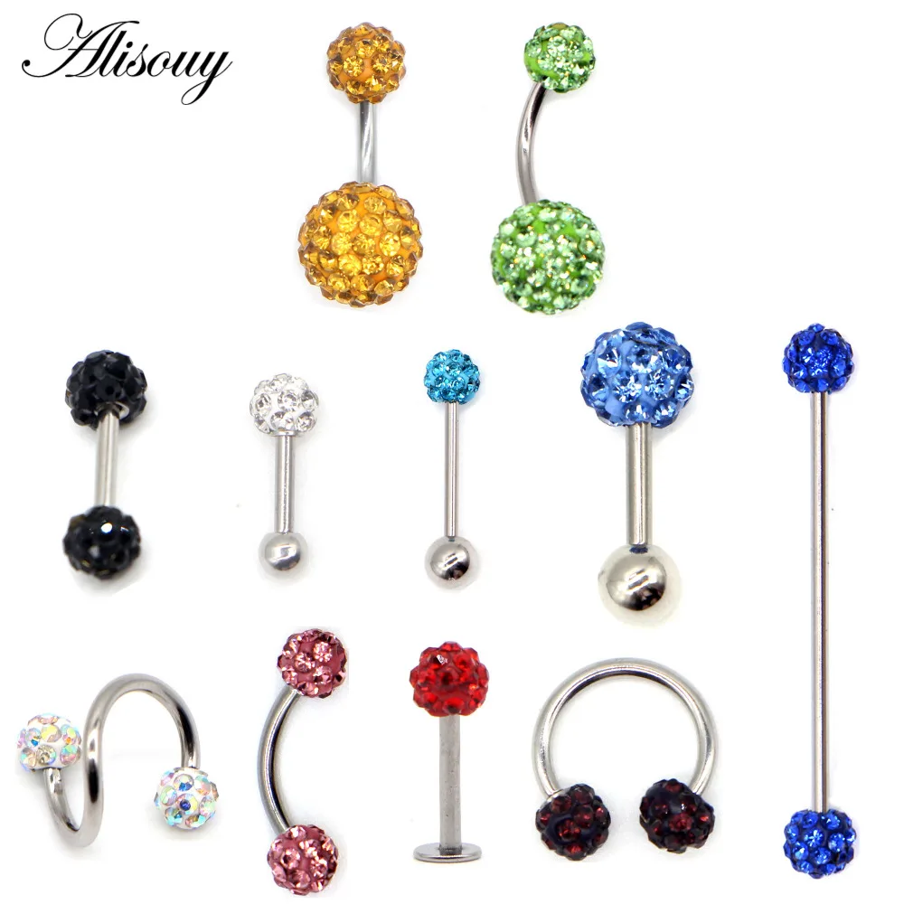 Alisouy Steel Crystal Disco Ball Bar Navel Belly Button Ring Tongue
