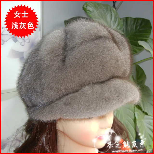 Cheap Women's mink fur hat fur hat grey mink hat cap big genuine leather warm hat fashion cap