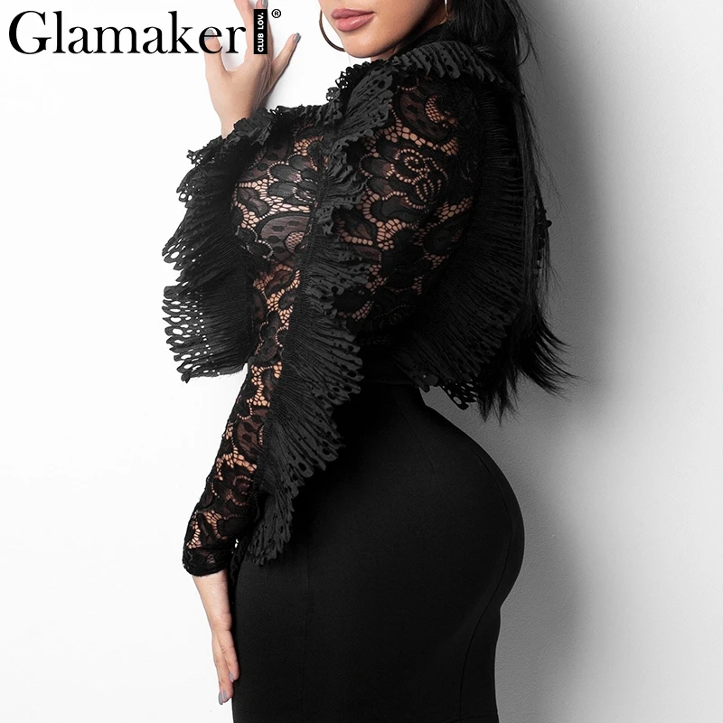 Glamaker Lace bodycon transparent mesh bodysuit Women ruffle long sleeve black bodysuit winter autumn sexy hollow out jumpsuit Glamaker Lace bodycon transparent mesh bodysuit Women ruffle long sleeve black bodysuit winter autumn sexy hollow out jumpsuit