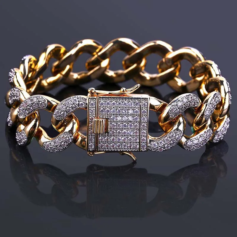 

Cuban Miami Link Chain Bracelet Gold Color Plated Iced Out Micro Pave CZ Stone Bracelets Hip Hop Jewelry For Men Drop Shipping