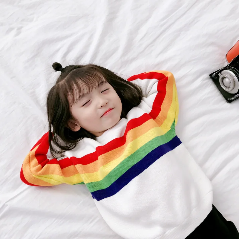 

2019 Baby Boys Girls Children Kids Knitted Winter Autumn Striped Pullovers O-Neck Warm Outerwear Boy Rainbow Sweaters Wholesale
