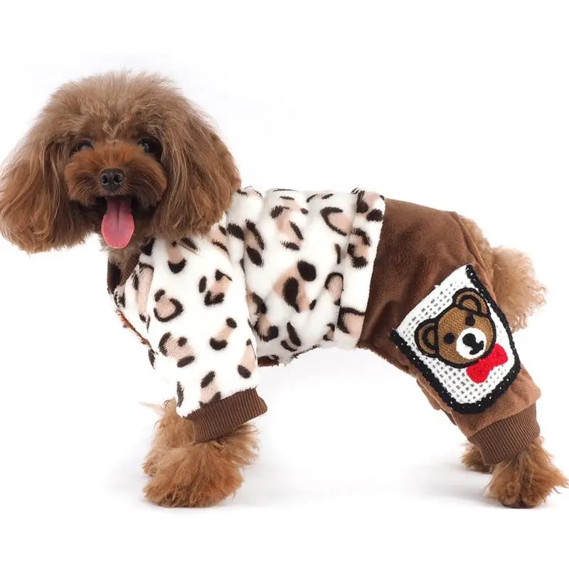 

C59 Newest Winter Pet Dog Jumpsuits Clothes Rompers Warm Leopard print Puppy dog four leg Pajamas Soft tracksuit for Yorkie