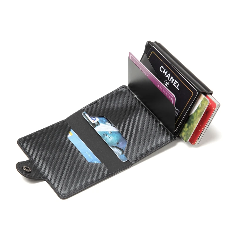 Для мужчин двойной Алюминий кожаный держатель кредитной карты RFID Металл Кошелек автоматические всплывающие Anti-theft wo Для мужчин кошелек Бизнес ID карточки