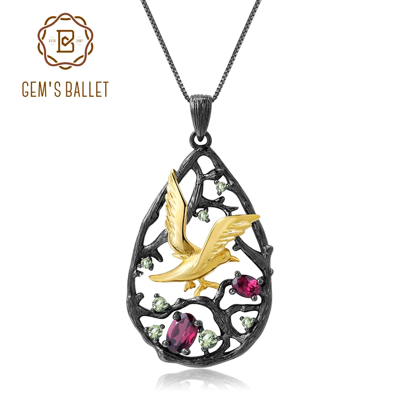 

GEM'S BALLET 925 Sterling Silver Natural Rhodolite Garnet Handmade Bird on the Tree Pendant Necklace for Women Fine Jewelry